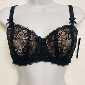Frederick's Of Hollywood Cynthia Lined Black Lace‎ Balconette Bra Size 34DD NEW